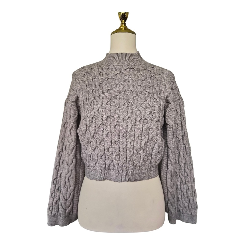 Anthropologie Cropped Cable Knit Sweater Gray Mock Neck Cozy Pullover Size S